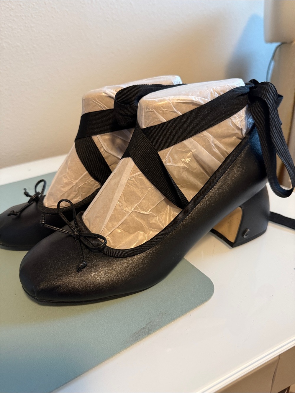 Circus by Sam Edelman Black Leather Ballet Block Heels with Ankle Ribbon